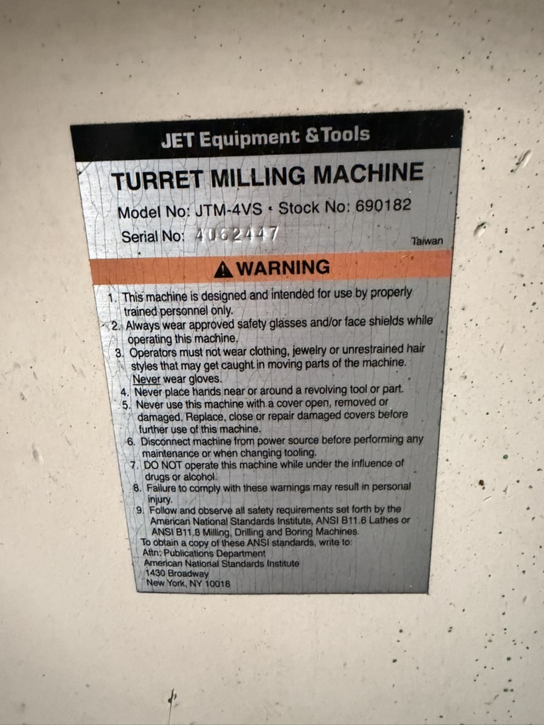 JET JTM-4VS model and serial identification plate